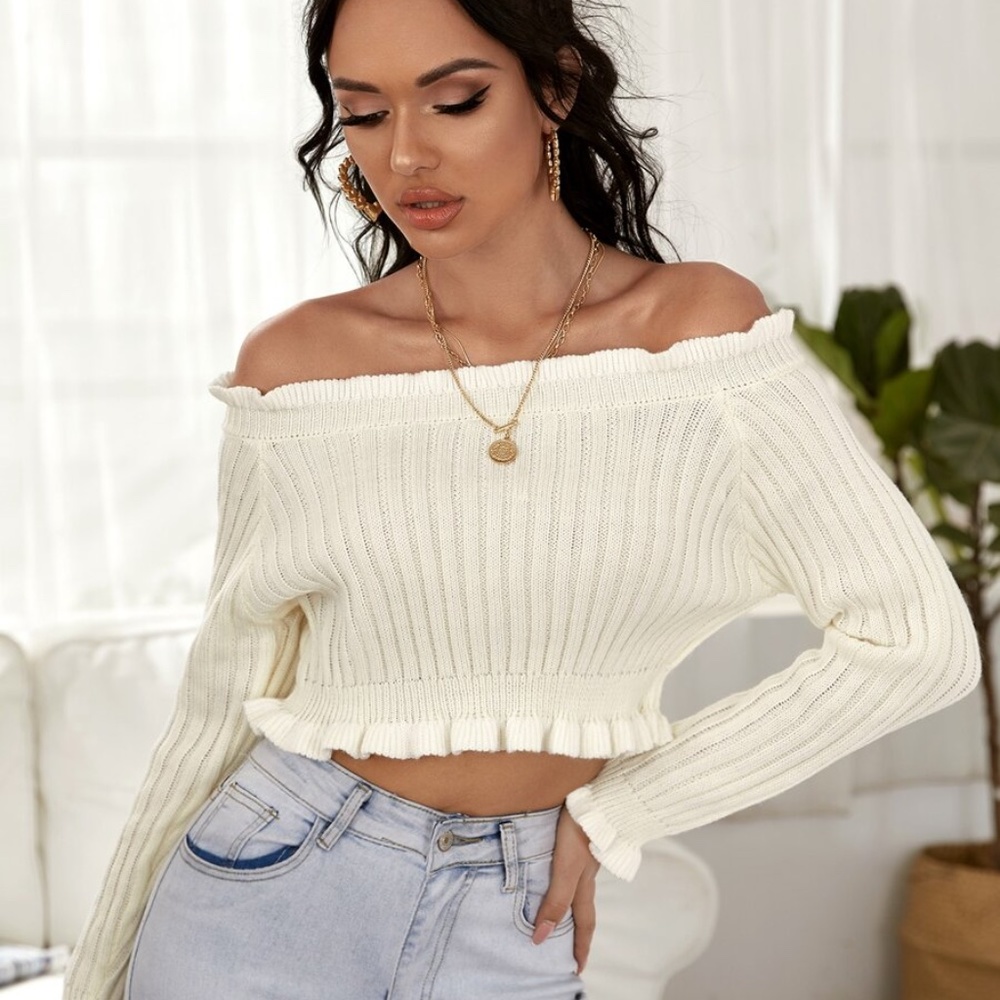 boho chic ribbed off shoulder sweater top - Picture 2 of 4